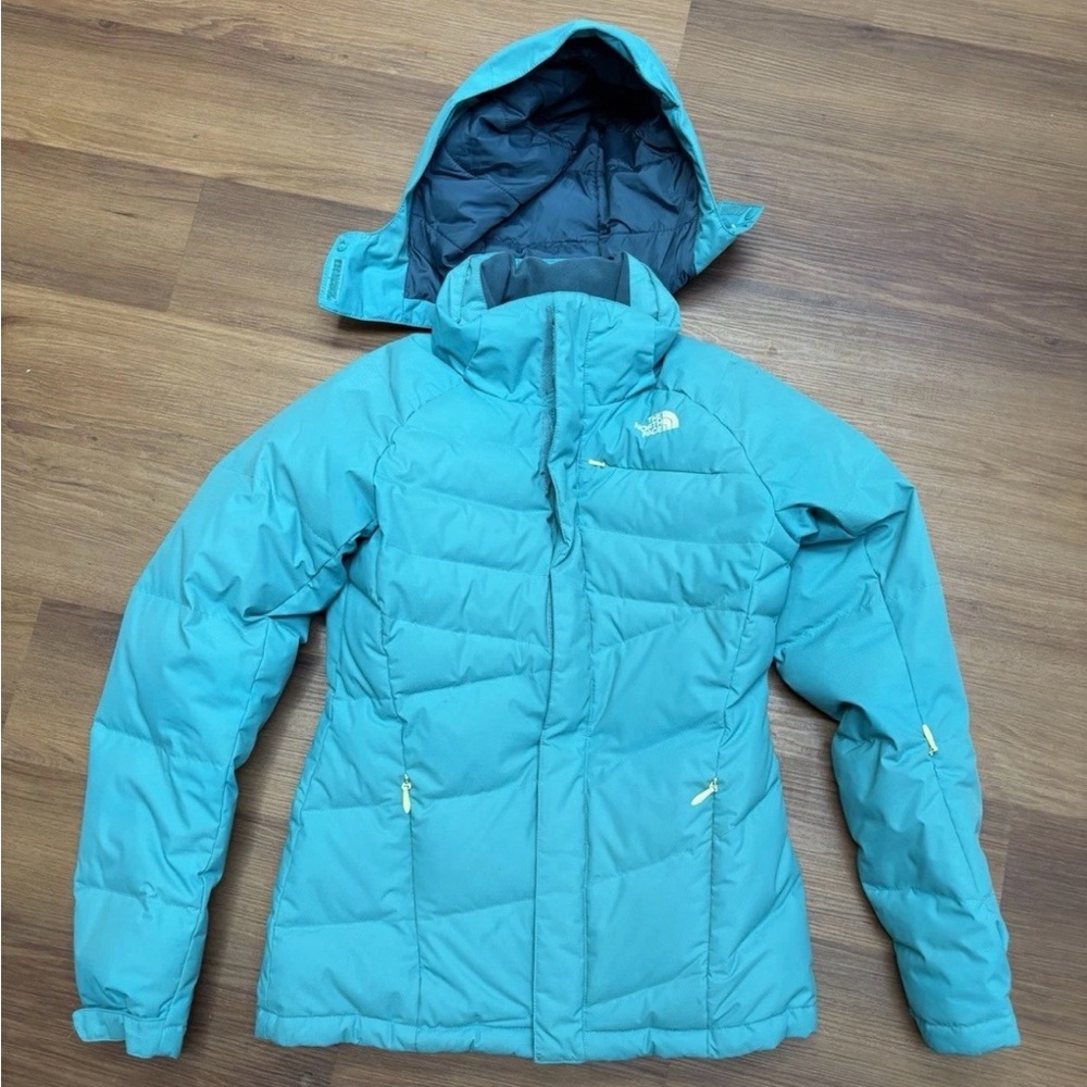 The North Face Blue Zip-Up Down Hooded Small Puffer Jacket